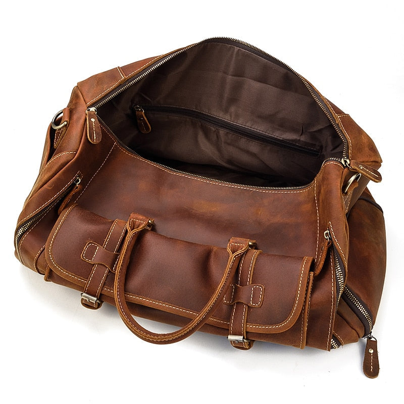 Retro Crazy Horse Leather Travel Bag with Separate Shoe Compartment - Threadford