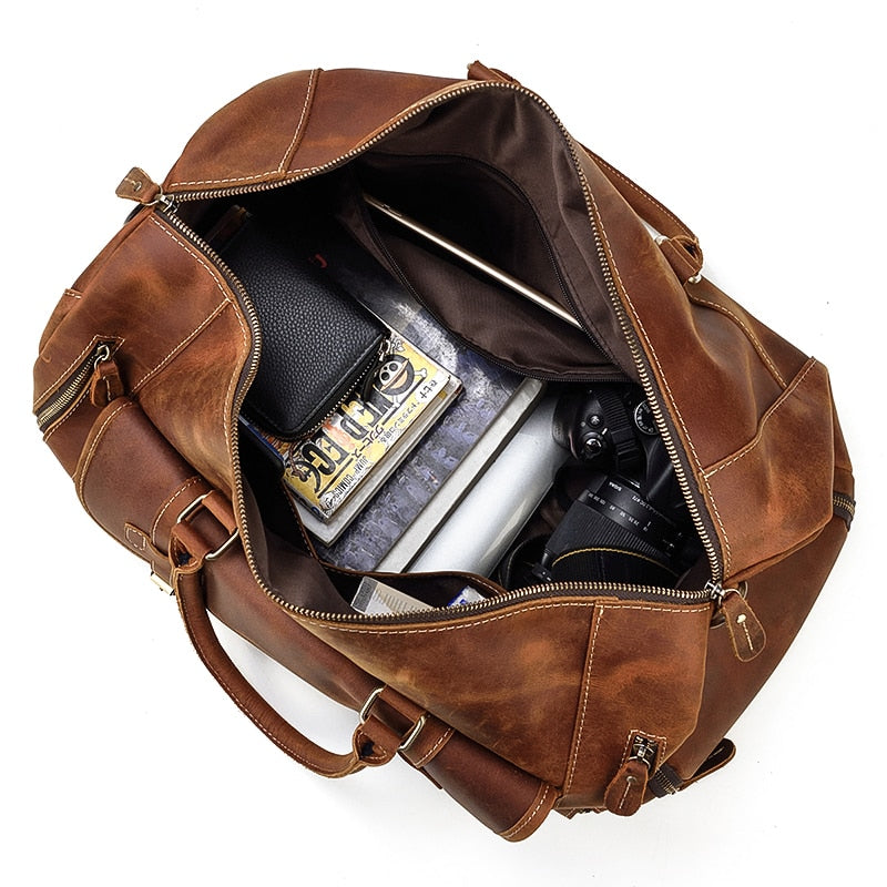 Retro Crazy Horse Leather Travel Bag with Separate Shoe Compartment - Threadford