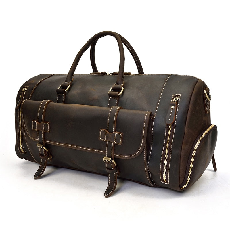 Retro Crazy Horse Leather Travel Bag with Separate Shoe Compartment - Threadford