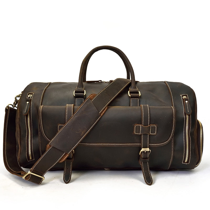Retro Crazy Horse Leather Travel Bag with Separate Shoe Compartment - Threadford
