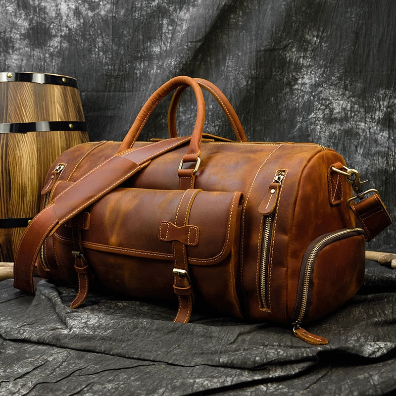 Retro Crazy Horse Leather Travel Bag with Separate Shoe Compartment - Threadford