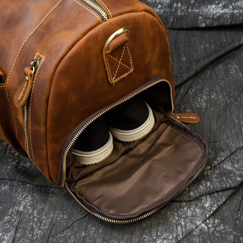Retro Crazy Horse Leather Travel Bag with Separate Shoe Compartment - Threadford