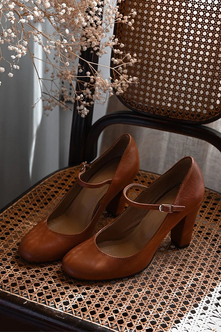 Brown Chunky Low Heels with Casual Buckle - Threadford