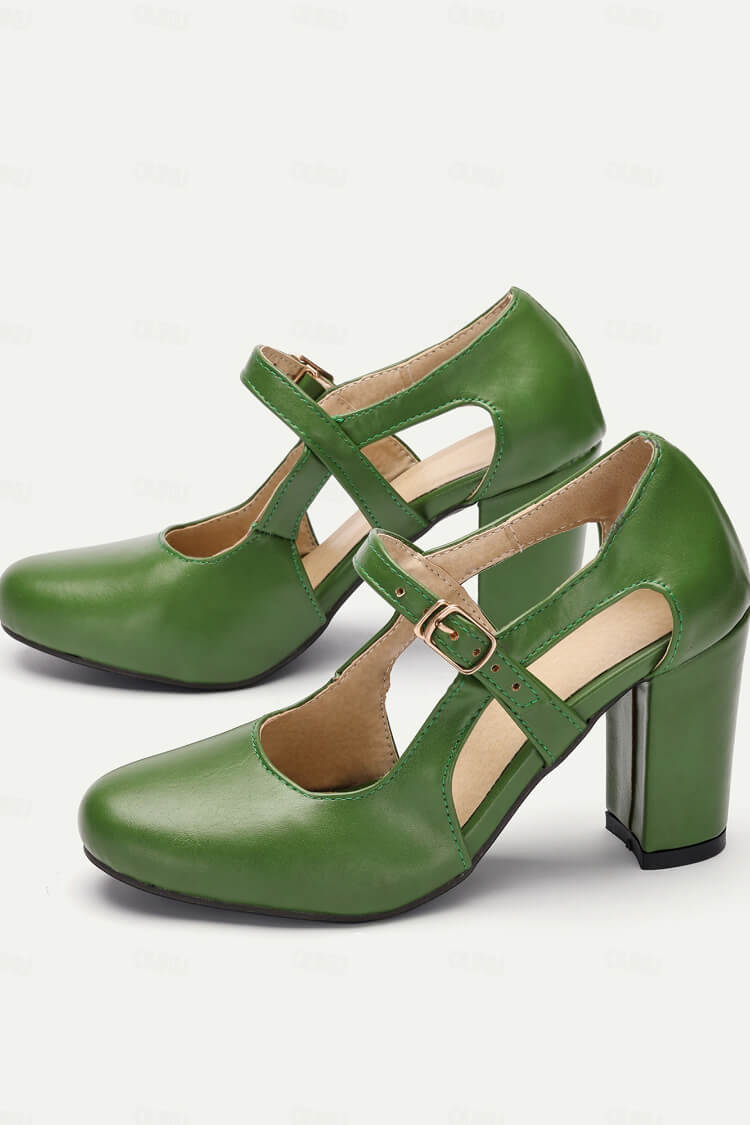 Vintage Cut-Out Ankle Strap Chunky Heels - Threadford