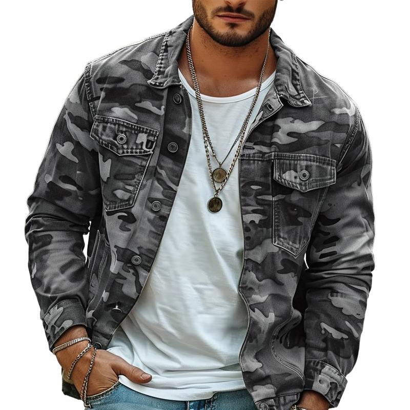 Men's Camouflage Canvas Retro Wear Lapel Jacket 18911497X - Threadford