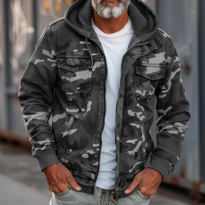 Men's Camouflage Hooded Multi-pocket Zip Cargo Jacket 69249000Z - Threadford