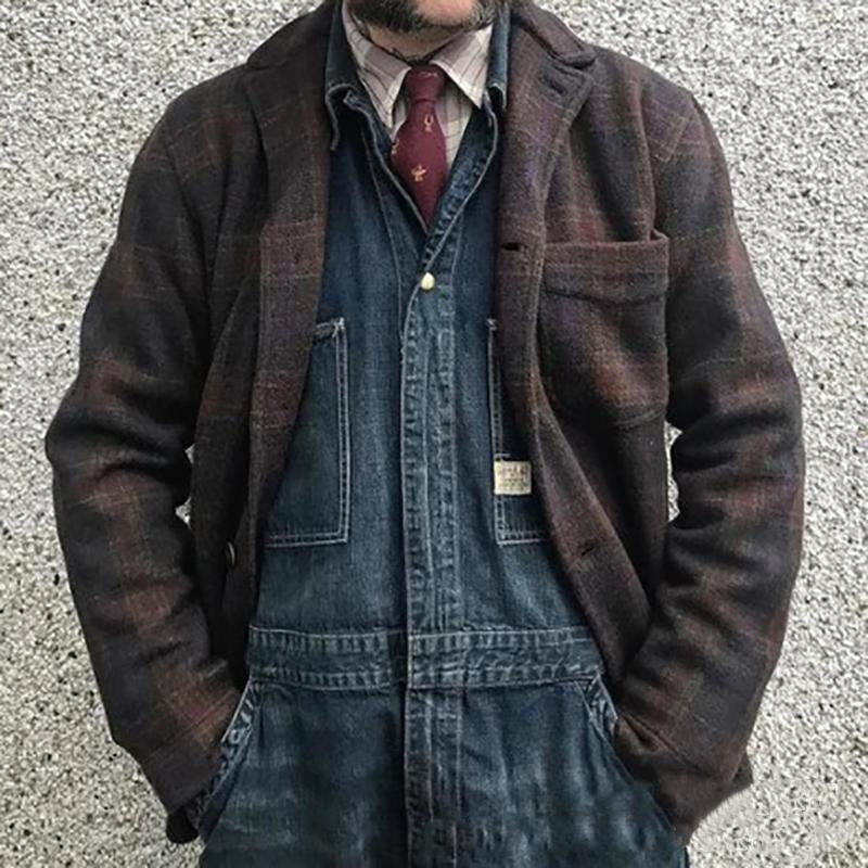 Men's Retro Checkered Lapel Loose Jacket 84918520X - Threadford