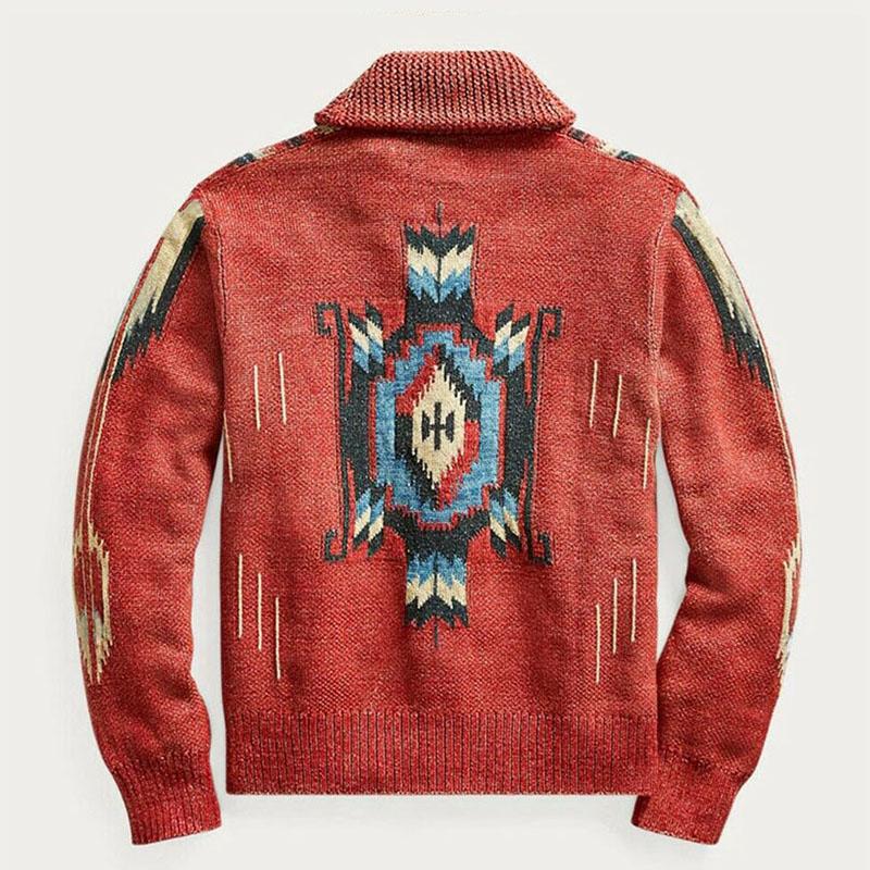 Men's Vintage Jacquard Lapel Single Breasted Long Sleeve Knit Cardigan 51482095M - Threadford