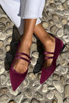 Dark velvet purple ballerina flats with two straps and pointed toe - Threadford