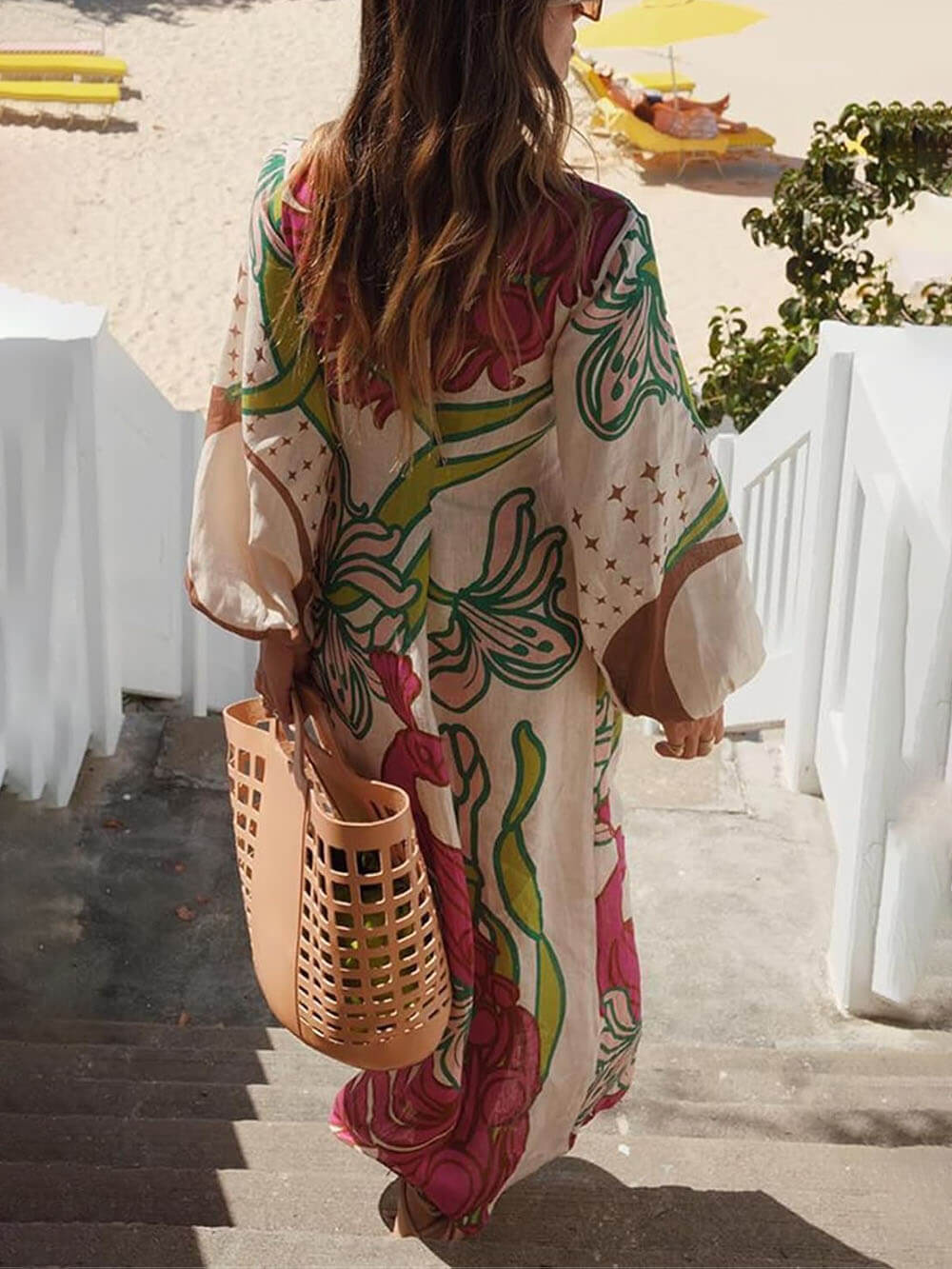 Elegant Linen Blend Unique Print Balloon Sleeve Tie-up Tunic Maxi Dress - Threadford
