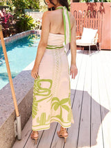 Elegant And Sexy Ethnic Print Slim-Fit Halter Neck Maxi Dress - Threadford