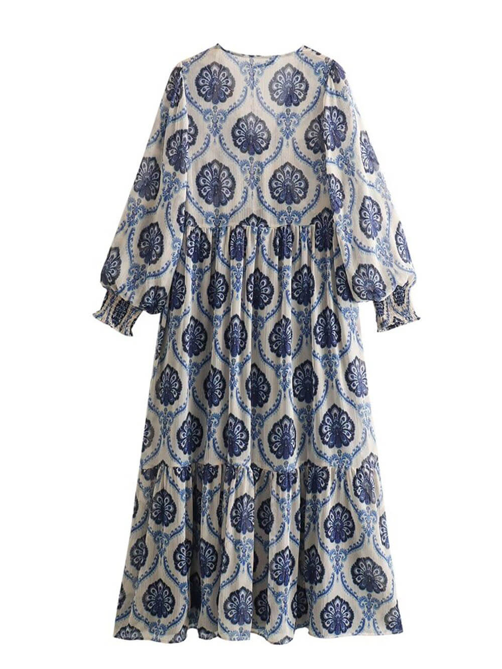 Classic And Unique Baroque Sheer Overlay Balloon Sleeve Maxi Dress - Threadford