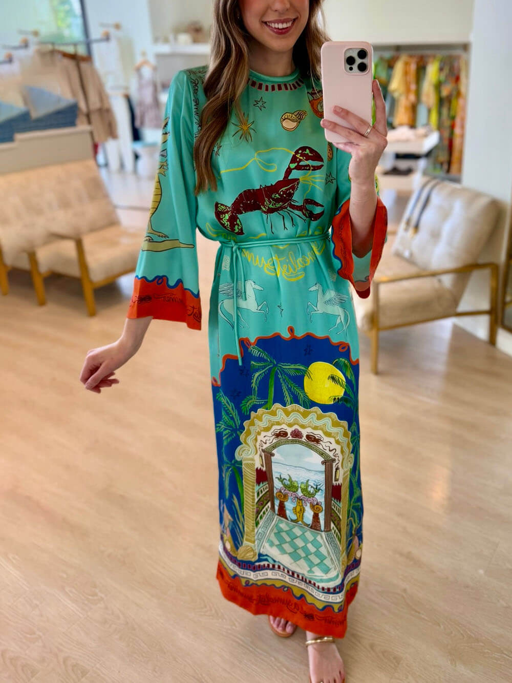 Exquisite Satin Unique Print Long-sleeve Tie-waist Slit Maxi Dress - Threadford