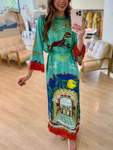 Exquisite Satin Unique Print Long-sleeve Tie-waist Slit Maxi Dress - Threadford