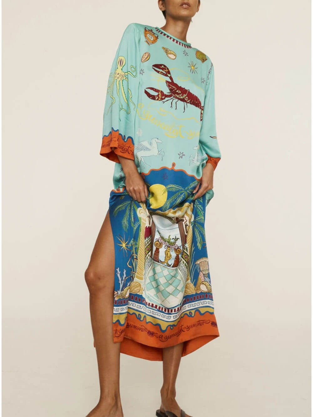 Exquisite Satin Unique Print Long-sleeve Tie-waist Slit Maxi Dress - Threadford