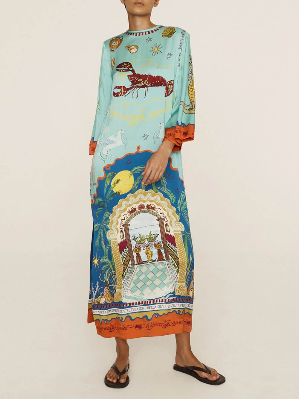 Exquisite Satin Unique Print Long-sleeve Tie-waist Slit Maxi Dress - Threadford