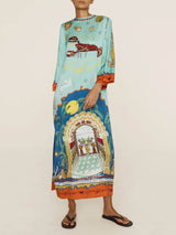 Exquisite Satin Unique Print Long-sleeve Tie-waist Slit Maxi Dress - Threadford