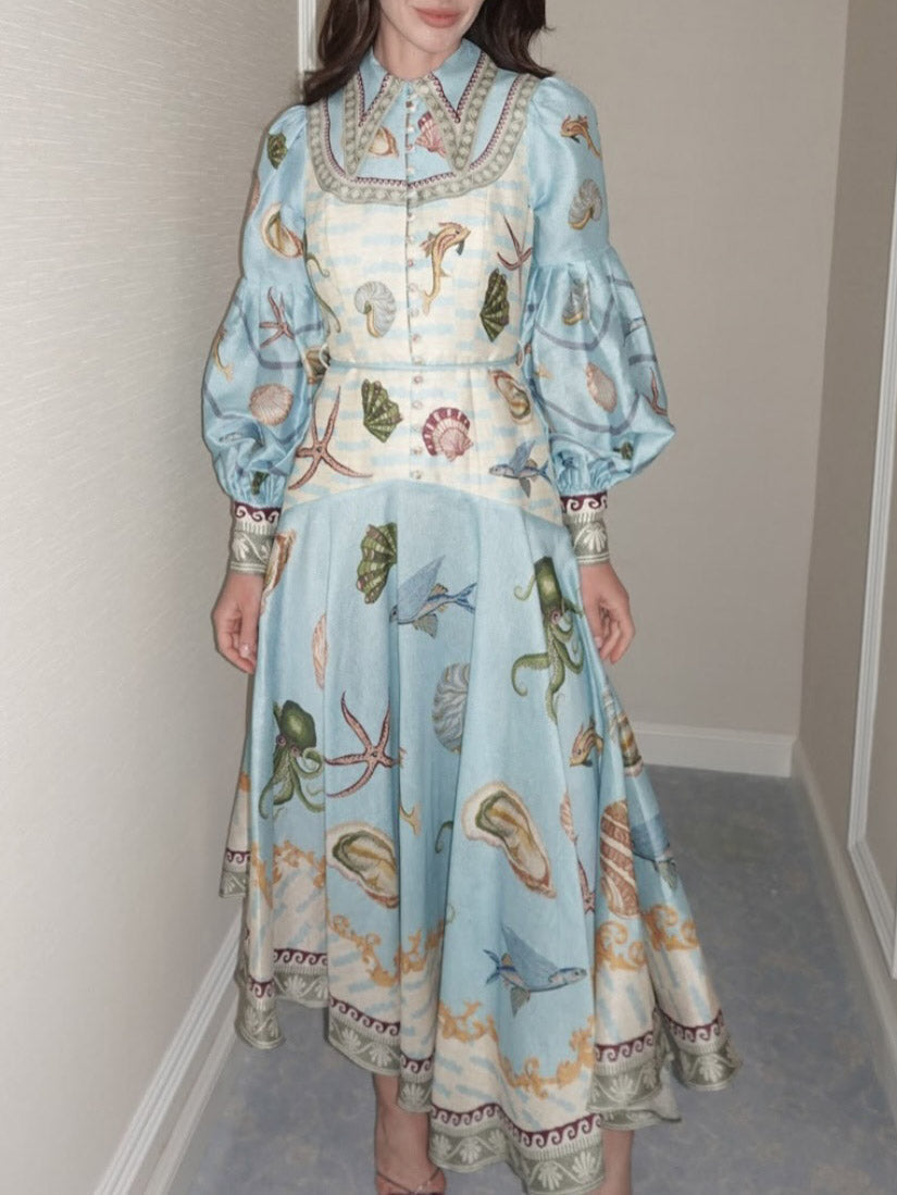 Unique Deep Sea Floral Print Single Breasted Midi Dress - Threadford