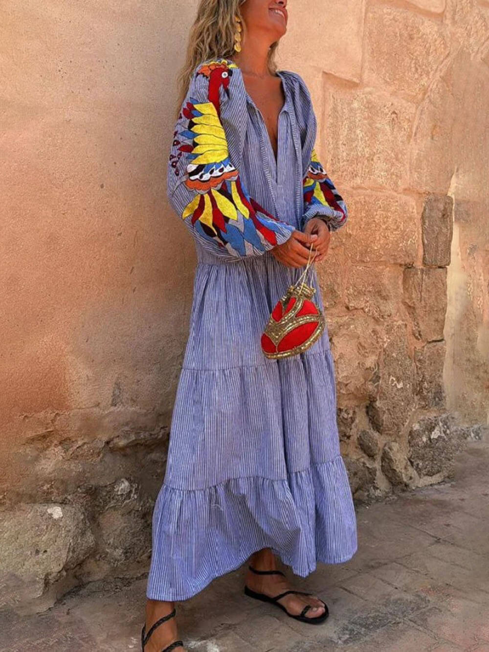 Unique Peacock Pattern Striped Print Deep V Loose Maxi Dress - Threadford