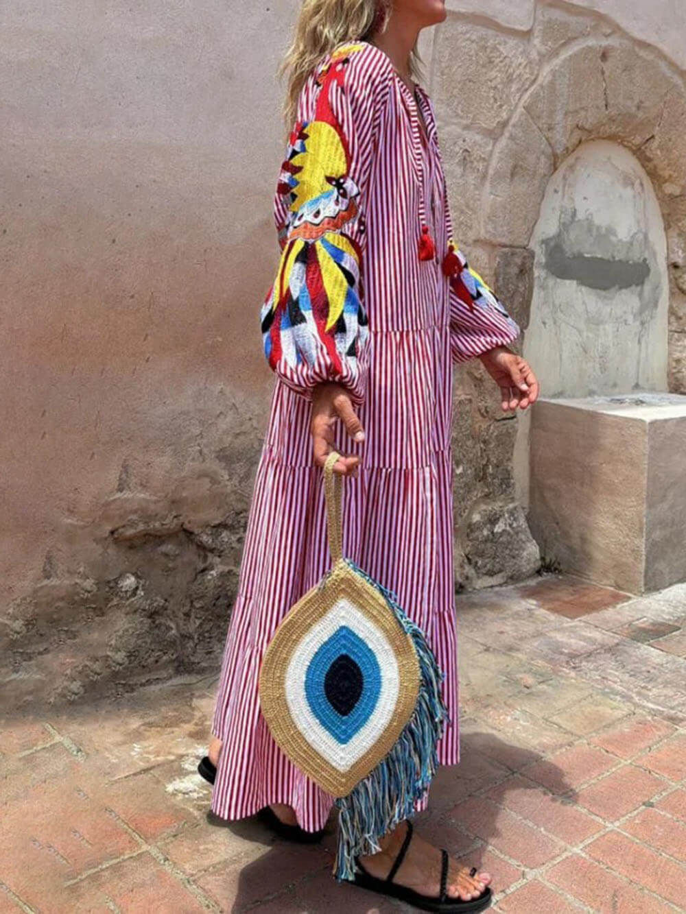 Unique Peacock Pattern Striped Print Deep V Loose Maxi Dress - Threadford