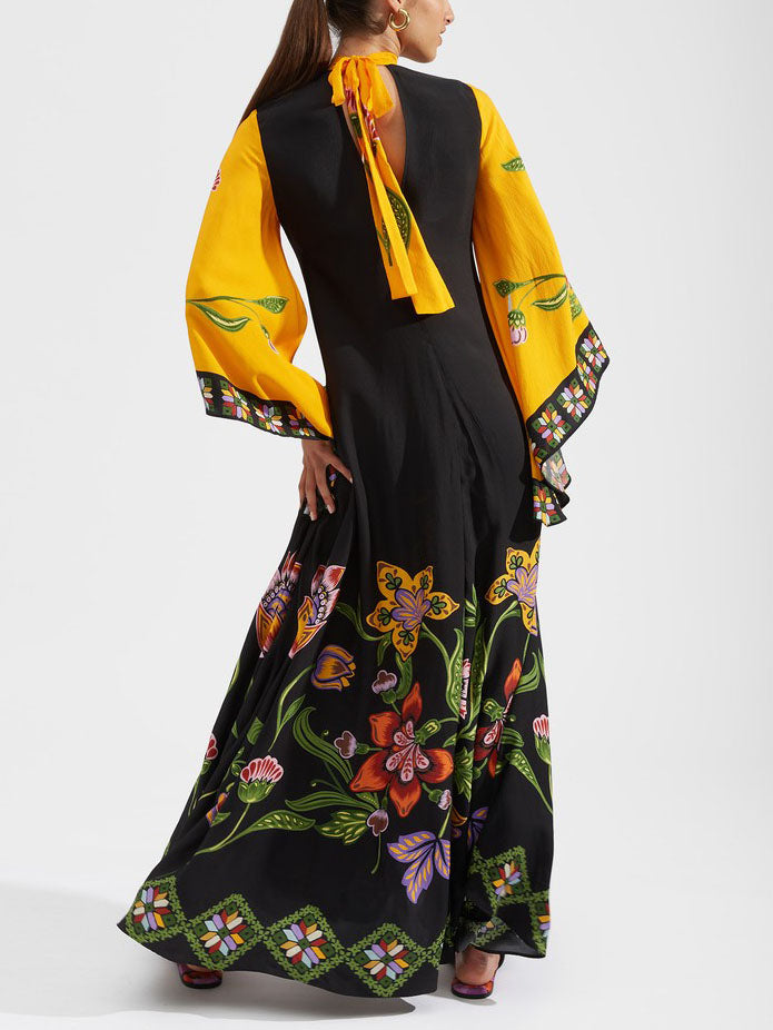 Exquisite Sunshine Floral Print Flowing Maxi Dress - Threadford