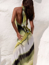 Classic Tie-Dye Gradient Printed Cowl Neck Halter Tie-up Vacation Maxi Dress - Threadford