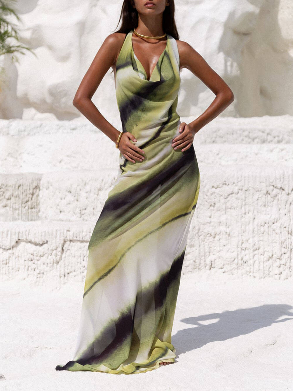 Classic Tie-Dye Gradient Printed Cowl Neck Halter Tie-up Vacation Maxi Dress - Threadford