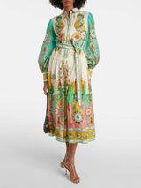 Unique Exquisite Fashion Print Puff Sleeve Tie Midi Dress - Threadford