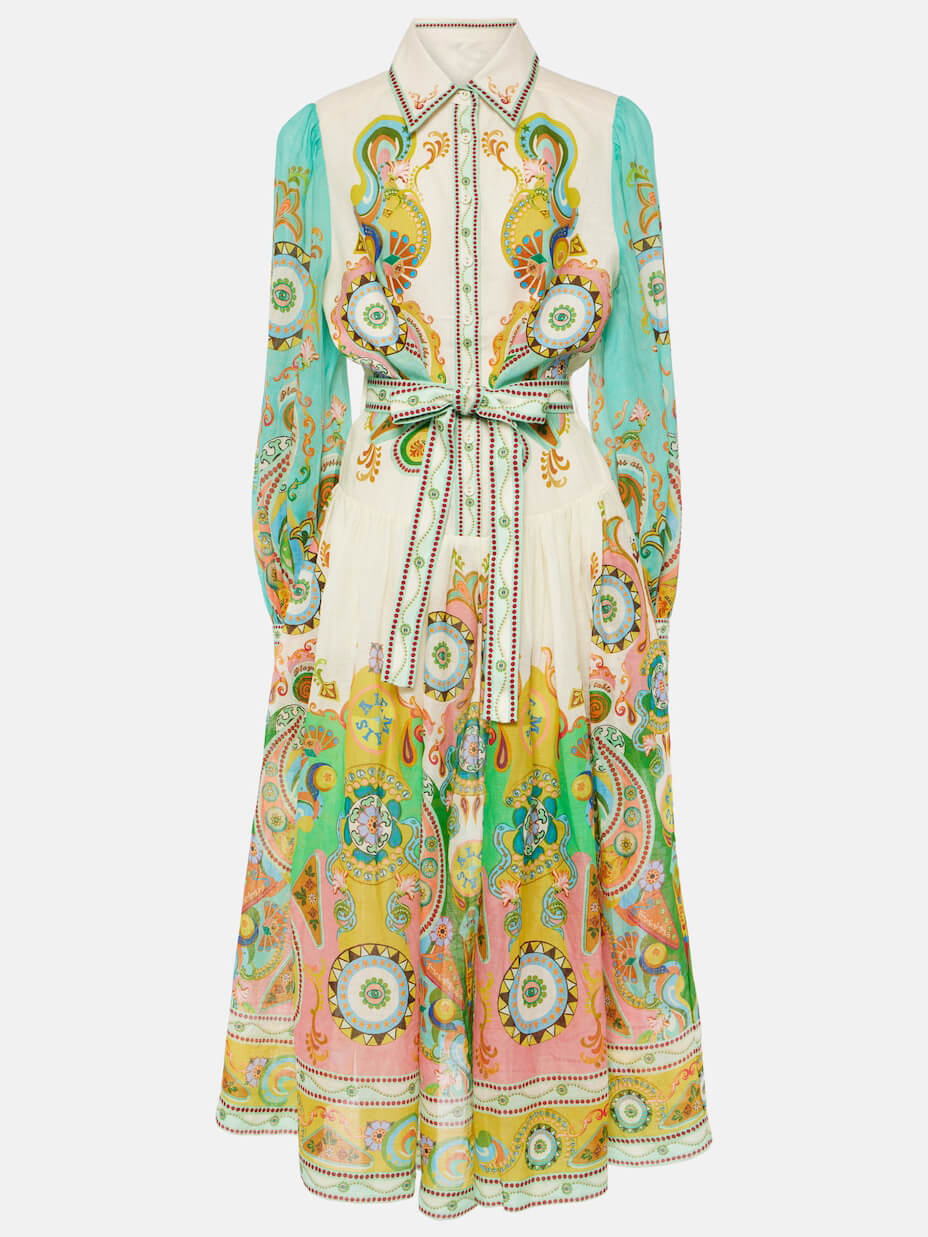 Unique Exquisite Fashion Print Puff Sleeve Tie Midi Dress - Threadford
