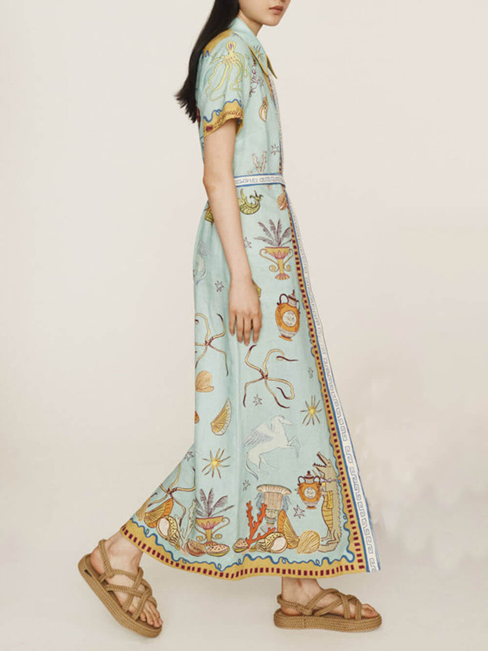 Modern Surrealist Unique Ocean Print Summer Maxi Shirtdress - Threadford
