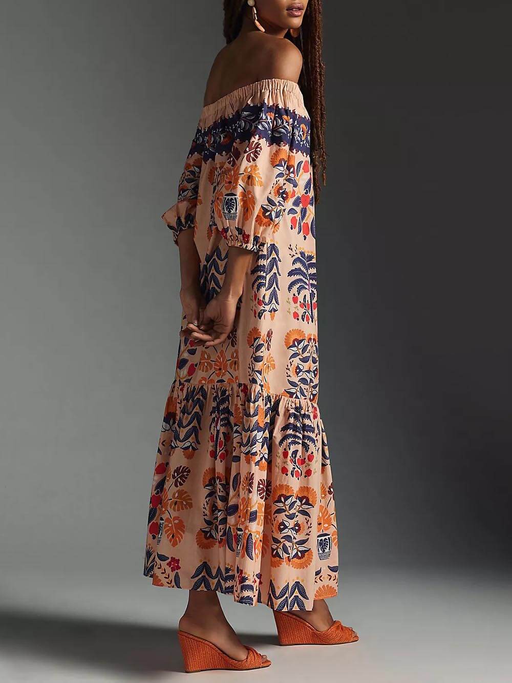 Retro Island Lover Printed Off The Shoulder Pocketed Flowy Midi Dress - Threadford