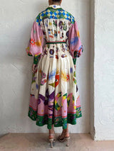 Unique And Beautiful Retro Print Long Sleeve Shirt-Style Midi Dress - Threadford