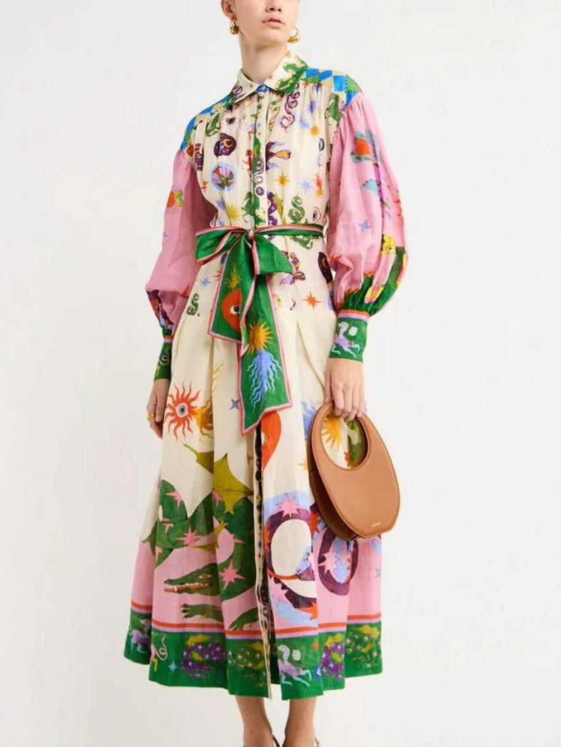 Unique And Beautiful Retro Print Long Sleeve Shirt-Style Midi Dress - Threadford