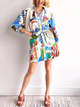 Unique Linen Print Cardigan Lace-Up Mini Dress - Threadford