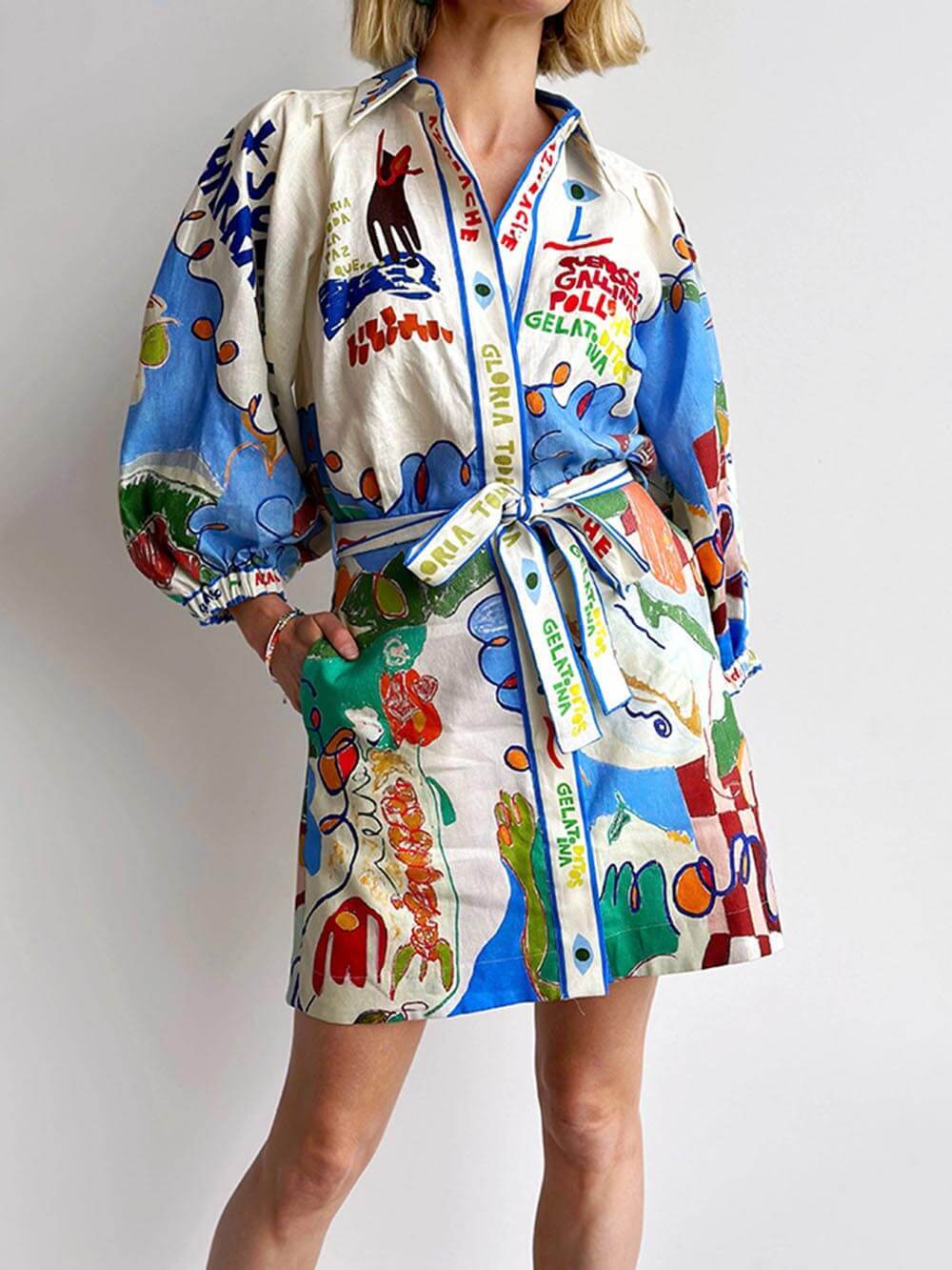 Unique Linen Print Cardigan Lace-Up Mini Dress - Threadford