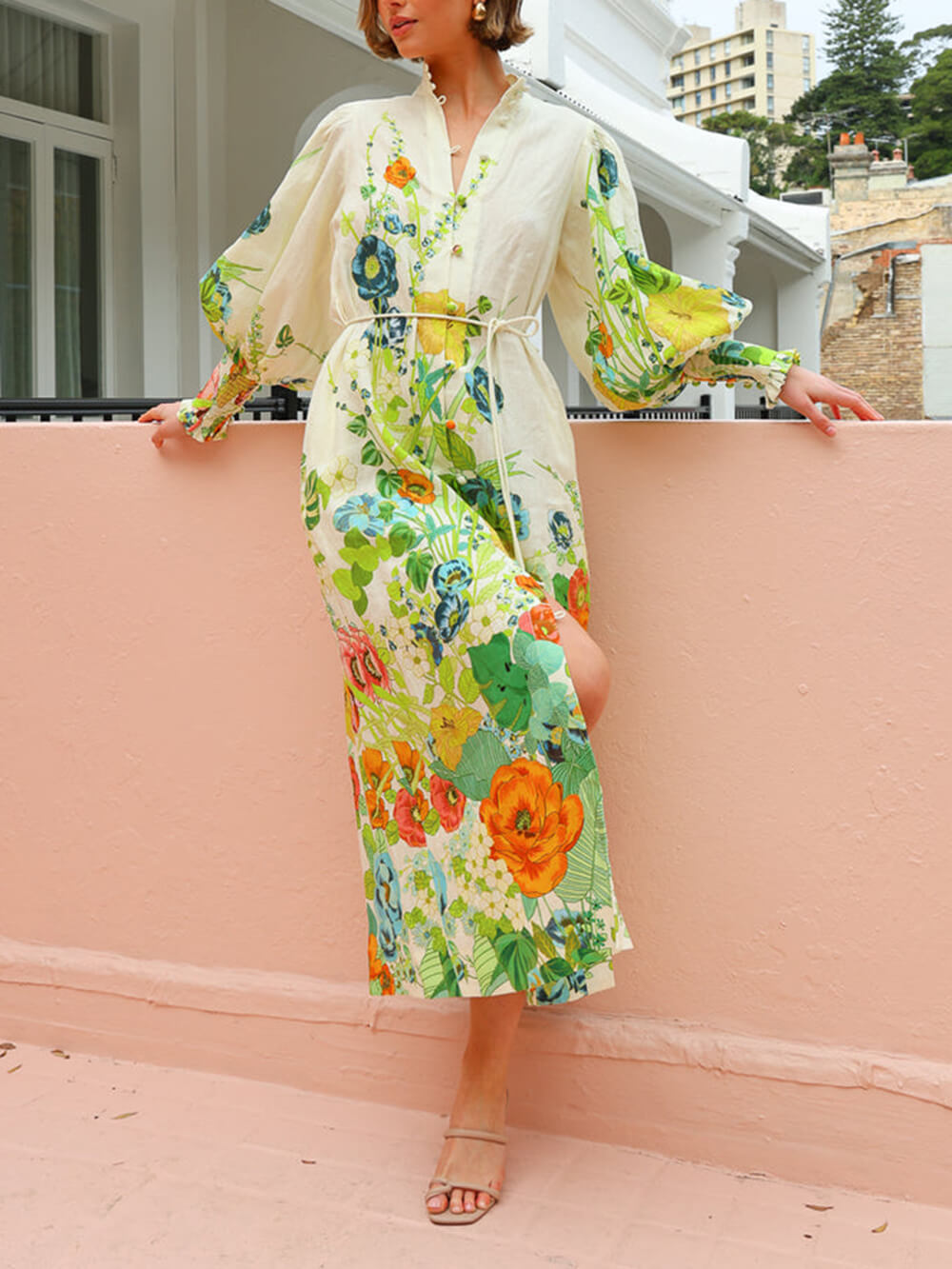 Unique Print Lantern Sleeve Cream Cardigan Style Shirt Dress - Threadford