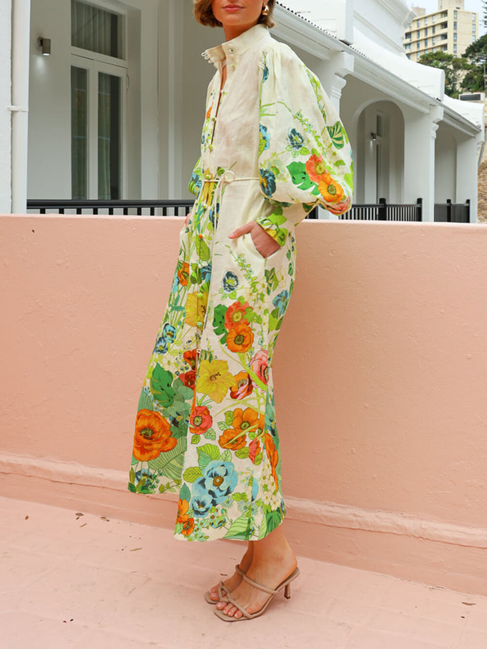 Unique Print Lantern Sleeve Cream Cardigan Style Shirt Dress - Threadford