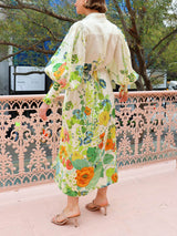 Unique Print Lantern Sleeve Cream Cardigan Style Shirt Dress - Threadford