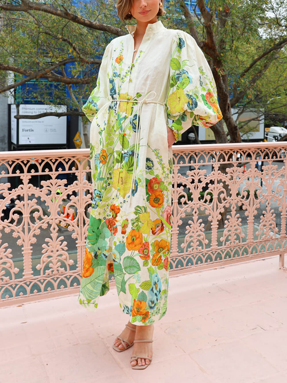 Unique Print Lantern Sleeve Cream Cardigan Style Shirt Dress - Threadford