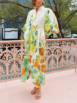 Unique Print Lantern Sleeve Cream Cardigan Style Shirt Dress - Threadford