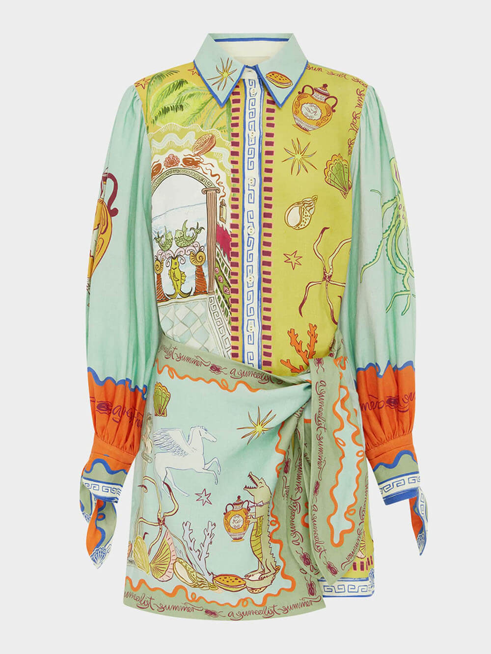 Fashionable And Casual Unique Pattern Printed Linen Shirt Collar Hip Dress - Threadford