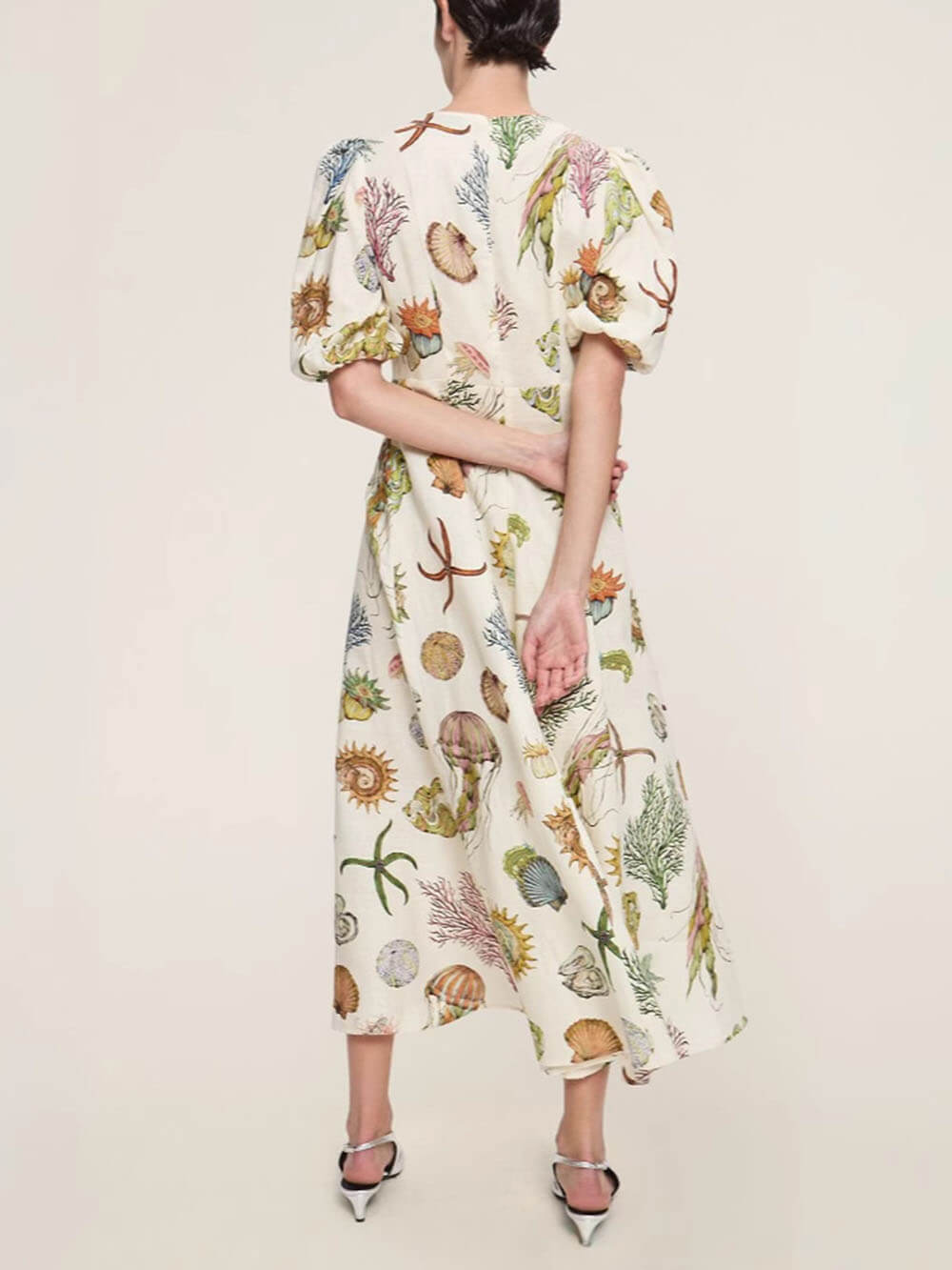 Unique And Personalized Graffiti Print Lantern Sleeve Fashionable Linen Dress - Threadford