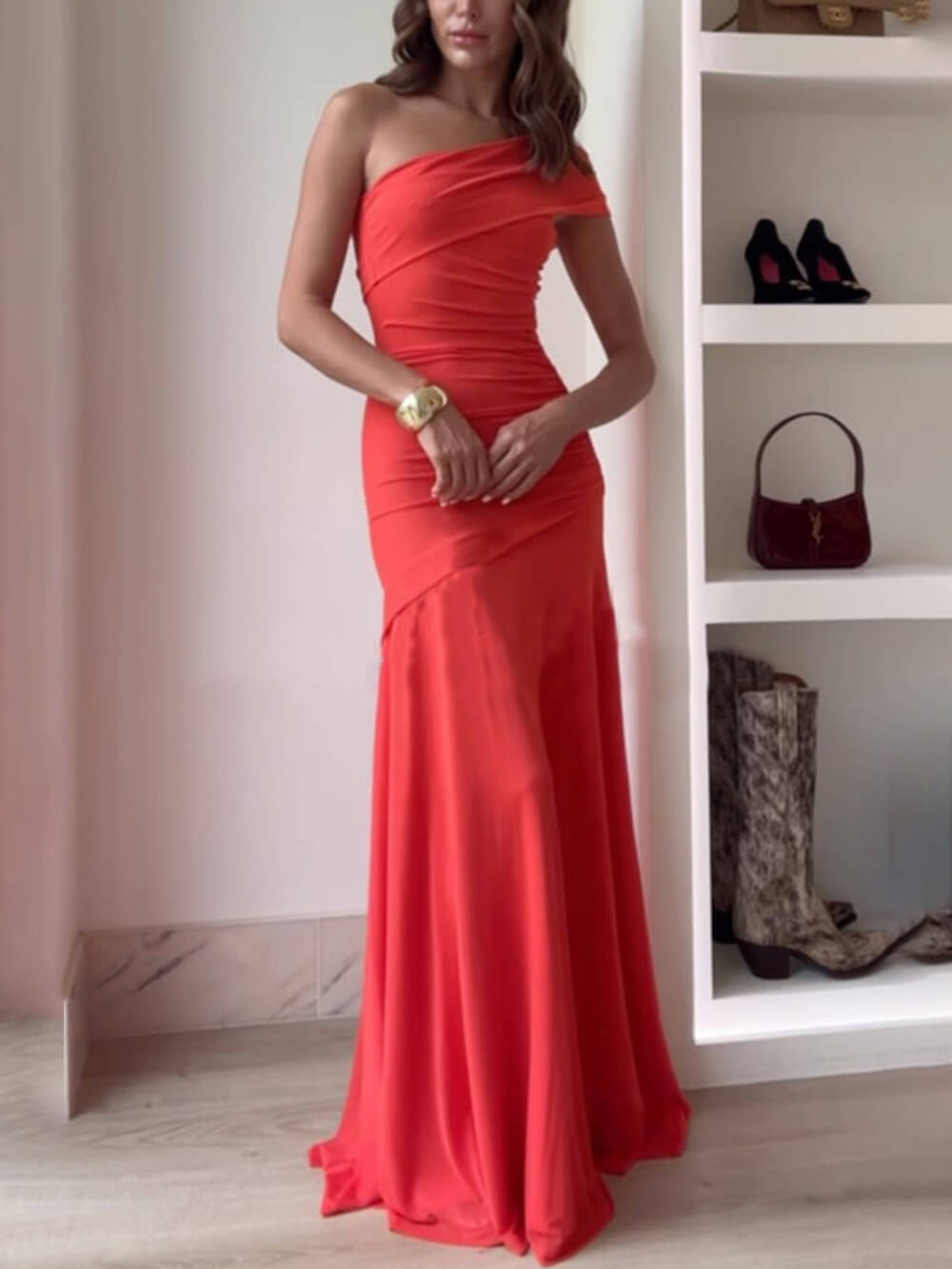 Elegance EffortlessMesh Off Shoulder Ruched Stretch Maxi Dress - Threadford