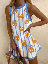 Unique Crab Love Printed Sleeveless Mini Dress - Threadford