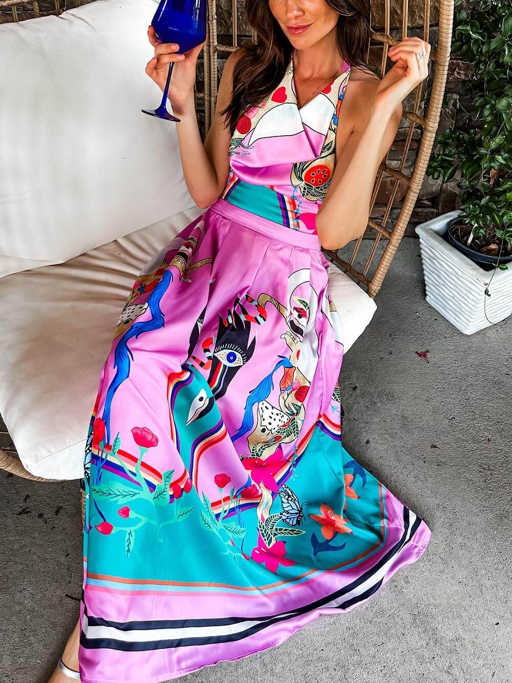 Elegance Unique Satin Print Back Tie-up Pocket Halter Maxi Dress - Threadford