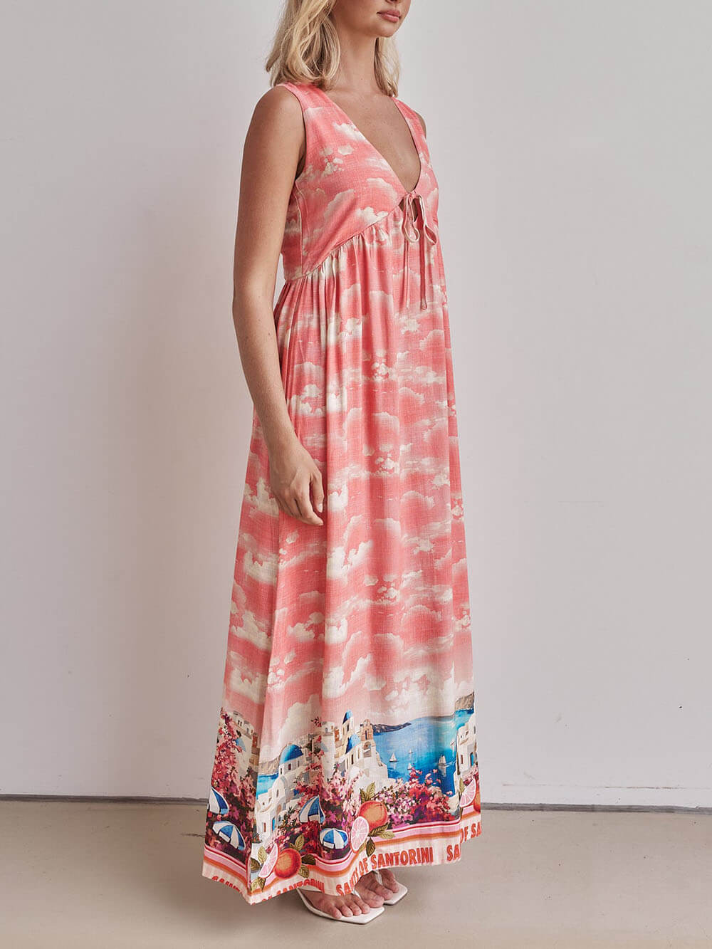 Unique Ink-Print V-Neck Lace-Up Loose-Fitting A-Line Maxi Dress - Threadford