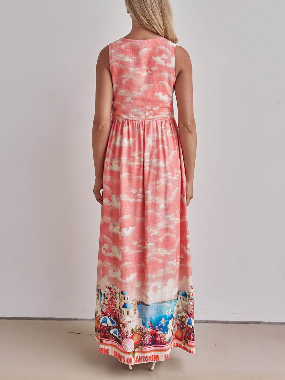 Unique Ink-Print V-Neck Lace-Up Loose-Fitting A-Line Maxi Dress - Threadford