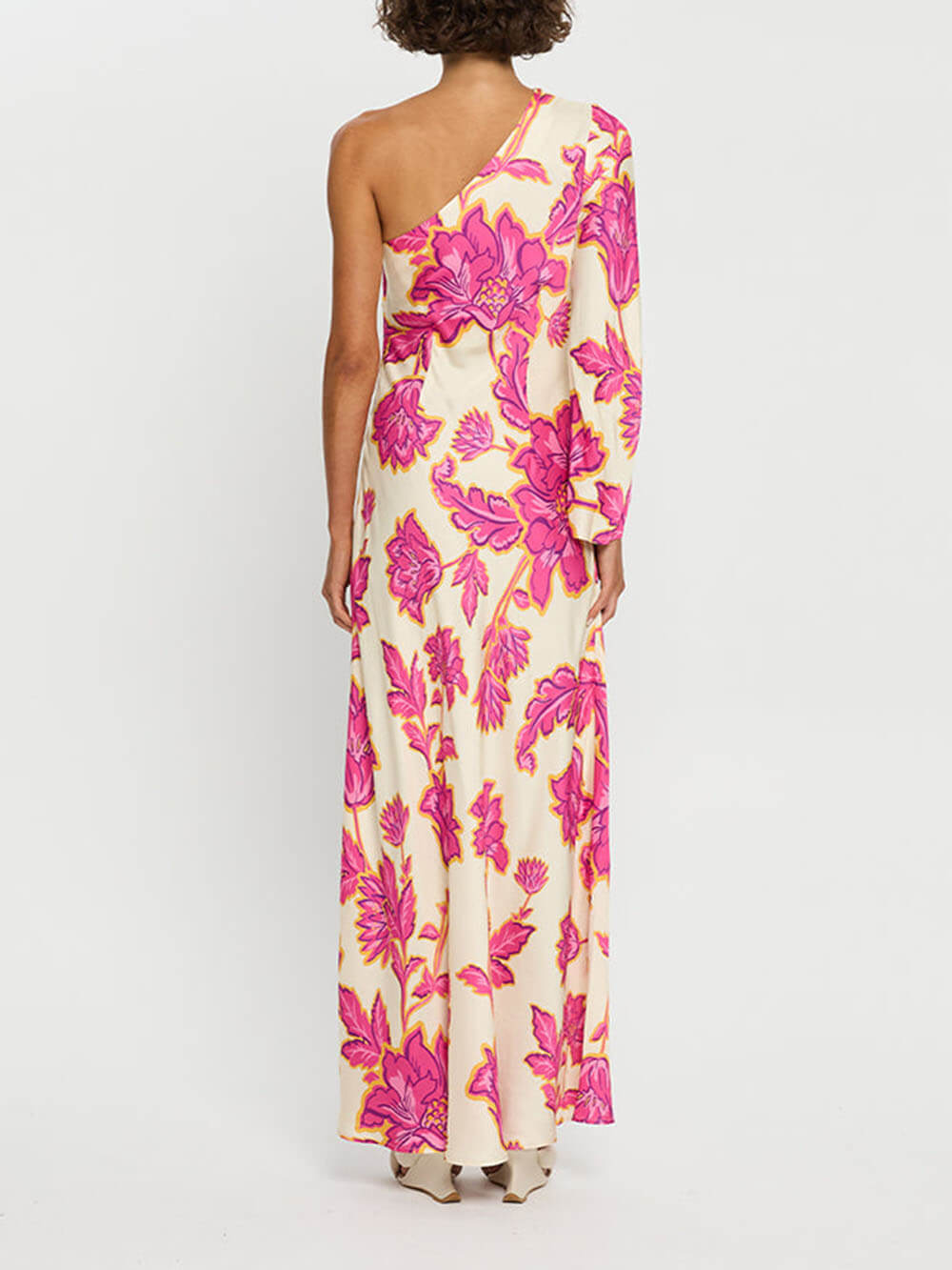 Unique Satin Floral Print One Shoulder Flared Maxi Dress - Threadford