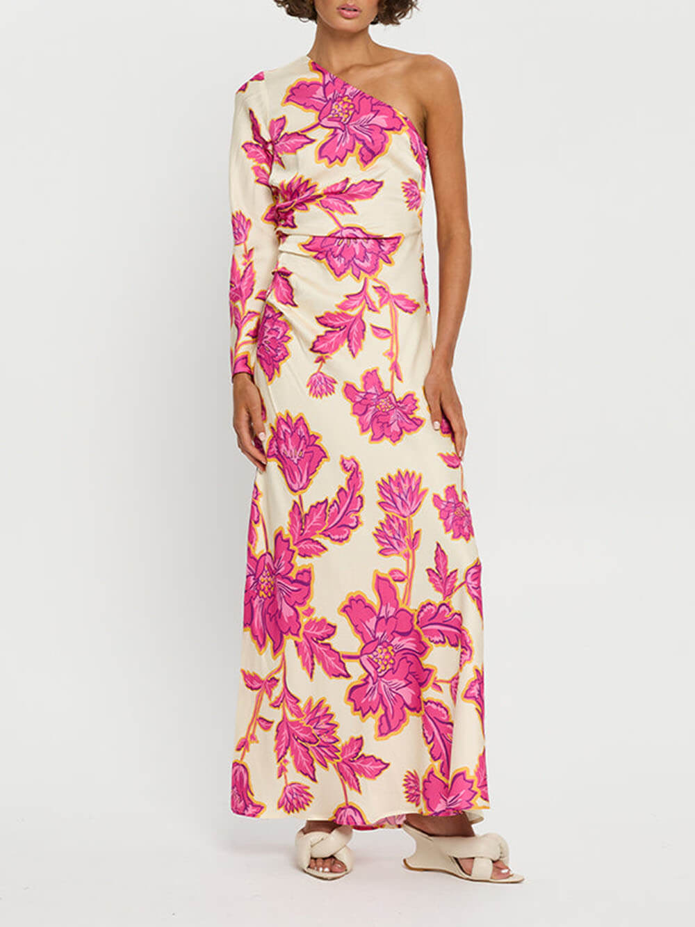 Unique Satin Floral Print One Shoulder Flared Maxi Dress - Threadford