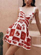 Floral Decorative Unique Print V-Neck Hollow A-Line Mini Dress - Threadford